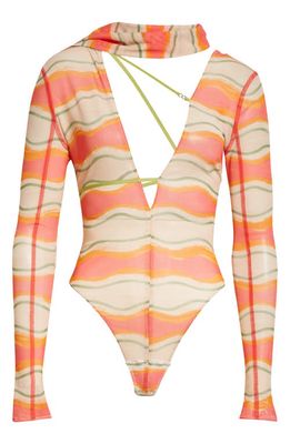 Jacquemus Le Body Abanaba Print Asymmetric Strap Thong Bodysuit in 4Cb Print Pink Waves Strippes