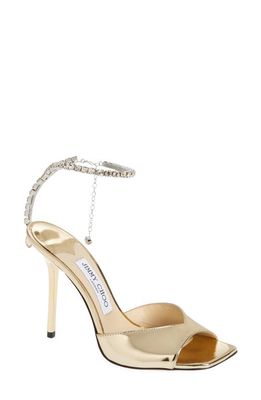 Jimmy Choo Saeda Crystal Ankle Strap Peep Toe Sandal in Gold/Crystal Honey
