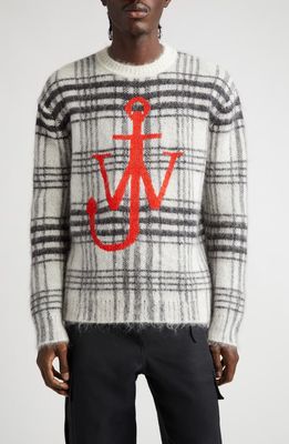 JW Anderson Tartan Check Intarsia Crewneck Sweater in White/Black