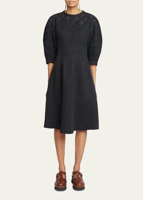 Linen Midi Dress with Eyelet Embroidery