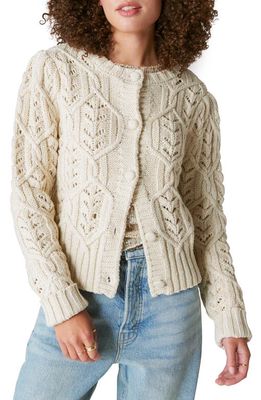 Lucky Brand Metallic Thread Cotton Blend Cable Cardigan in Light Heather Gray