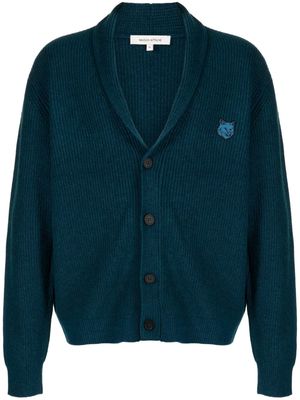 Maison Kitsuné Bold Fox Head-appliqué ribbed cardigan - Blue
