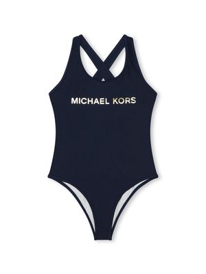 Michael Kors Kids logo-lettering high-cut swimsuit - Blue