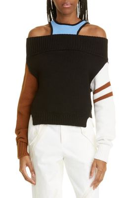 MONSE Colorblock Off the Shoulder Sweater in Black
