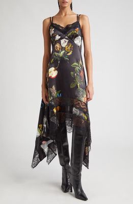 MONSE Floral Print Lace Trim Handkerchief Hem Silk Satin Dress in Black Print