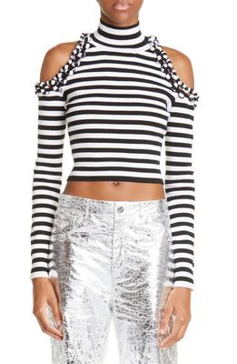 MONSE Stripe Cold Shoulder Merino Wool Sweater in Black/Ivory