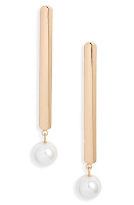Open Edit Imitation Pearl Bar Drop Earrings in White- Gold