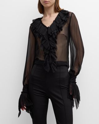 Pleated Lace Ruffle Chiffon Blouse