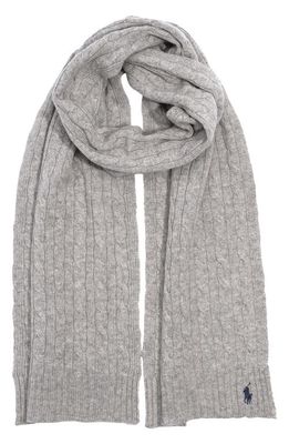 Polo Ralph Lauren Logo Embroidered Wool & Cashmere Cable Stitch Scarf in Soft Grey