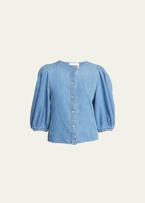 Puff-Sleeve Cotton-Linen Denim Top