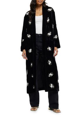 River Island Beaded Floral Open Front Velvet Duster in Black