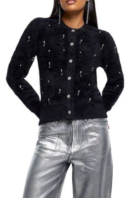 River Island Crystal Embellished Fluff Cardigan in Black