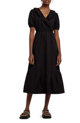 River Island Puff Sleeve Faux Wrap Midi Dress in Black