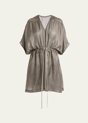 Short-Sleeve Waist-Tie Flowy Silk Tunic Top