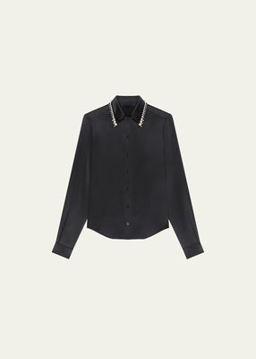 Silk Button Down Blouse with Pearl Collar