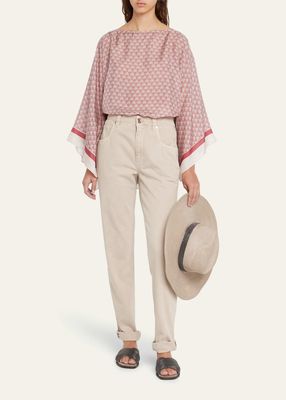 Silk Floral-Print Poncho with Monili Trim