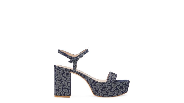 Stuart Weitzman Dancer Mid Block Platform Sandal The SW Outlet, Blue Leopard Printed Denim