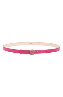 Versace Crystal Embellished Medusa Leather Skinny Belt in Glossy Pink/Versace Gold