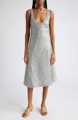 Vince Plunge Neck Sequin Silk Midi Slipdress in Sea Slate