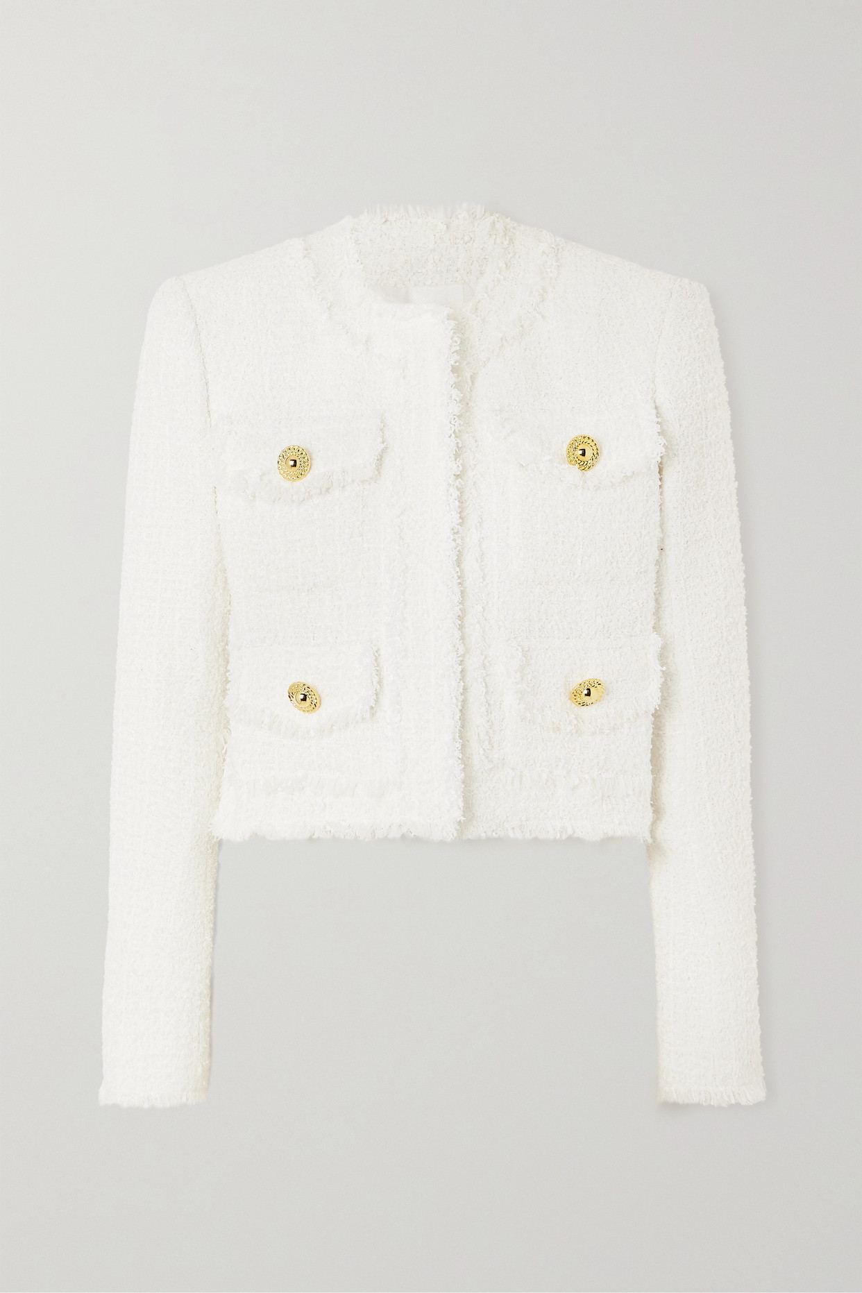 Balmain - Cropped Embellished Tweed Jacket - White