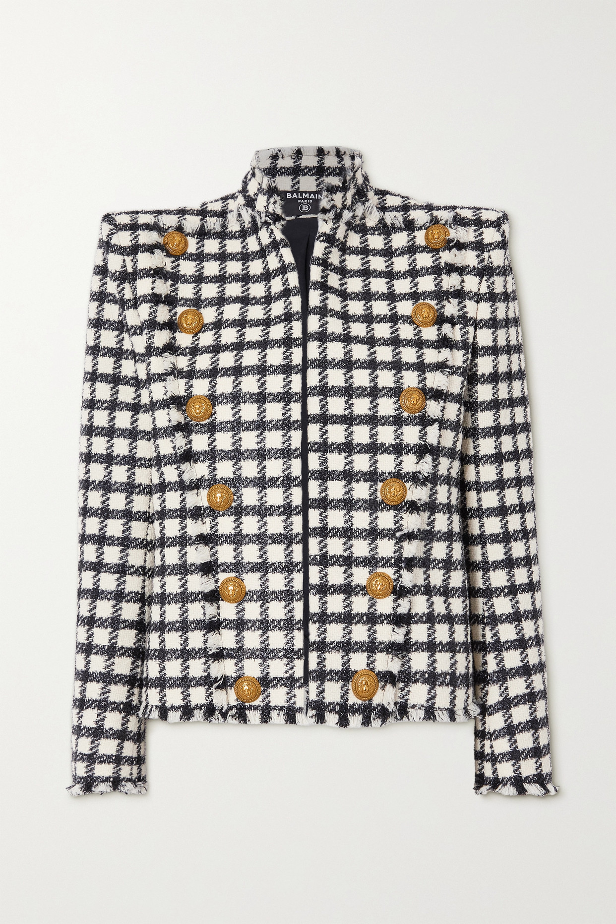 Balmain - Button-embellished Checked Metallic Wool-blend Tweed Jacket - White