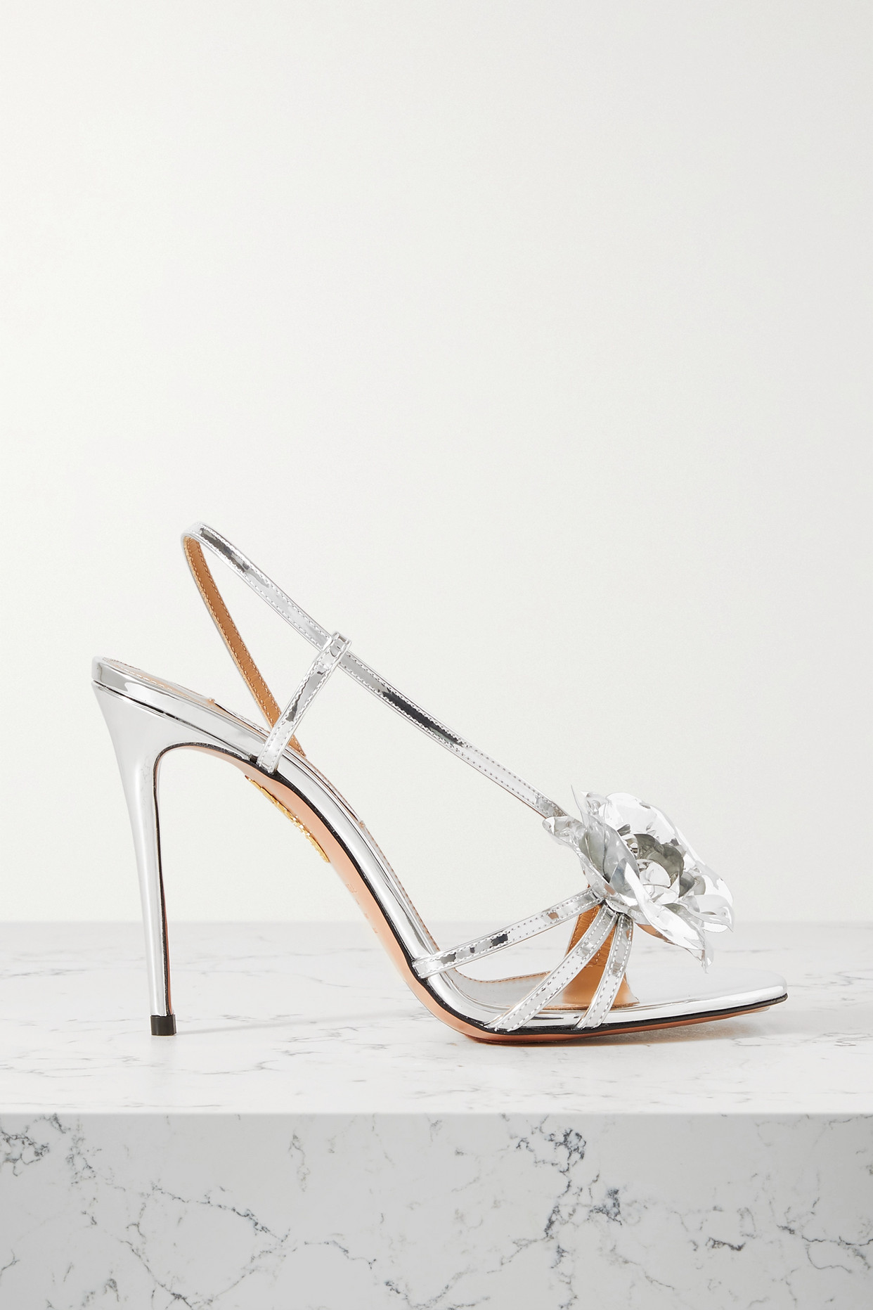 Aquazzura - Paris Rose 105 Crystal-embellished Metallic Leather Sandals - Silver