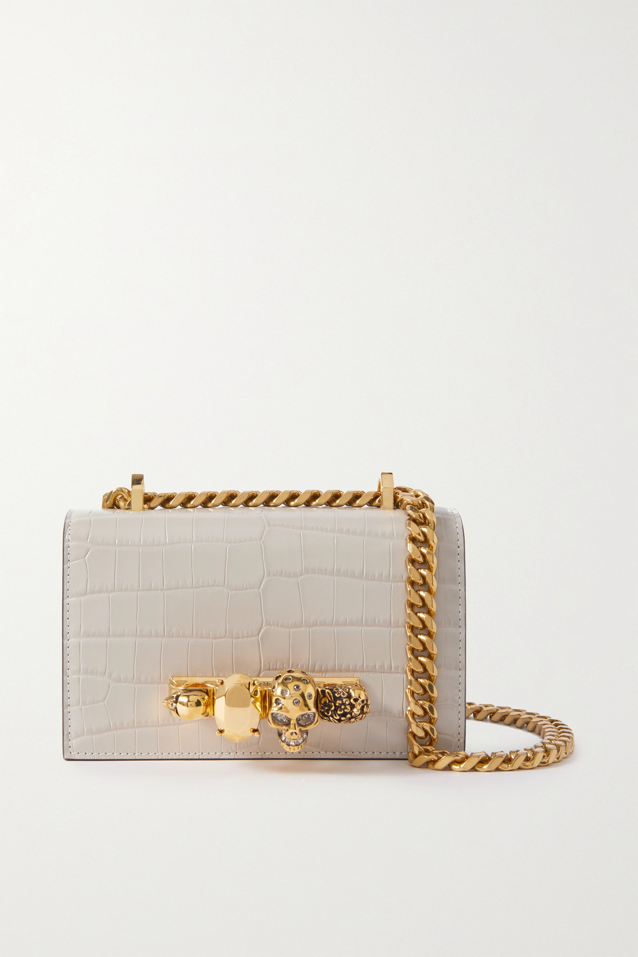 Alexander McQueen - Jewelled Satchel Embellished Croc-effect Leather Shoulder Bag - Gray