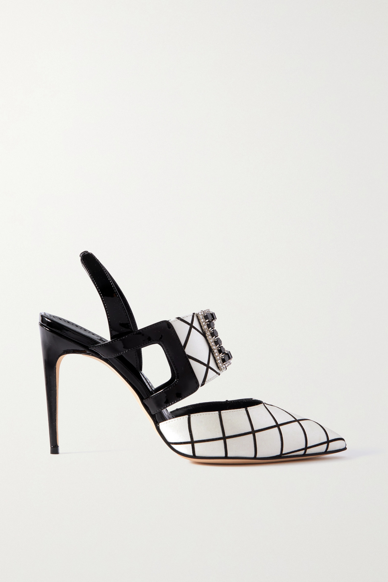 Manolo Blahnik - Bimixpla 105 Buckled Checked Satin And Patent-leather Slingback Pumps - Black