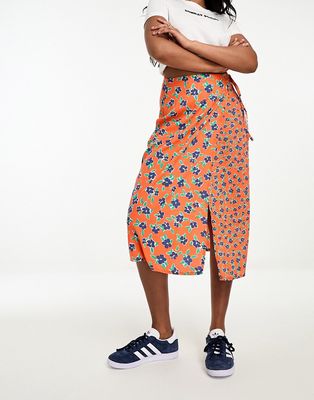 Wednesday's Girl floral print wrap detail midi skirt in orange