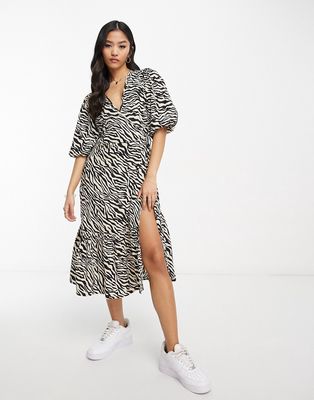 Wednesday's Girl midi wrap dress in cream and black zebra-Multi