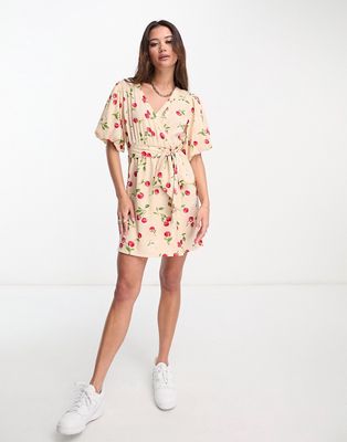 Wednesday's Girl puff sleeve mini wrap dress in cherry print-White