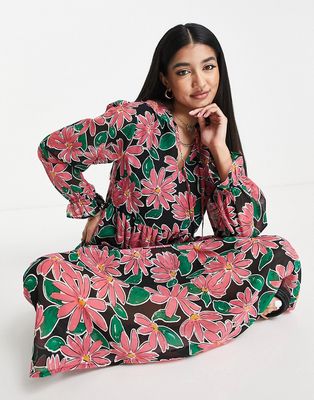 Wednesday's Girl ruffle neck midi smock dress in bright floral-Multi