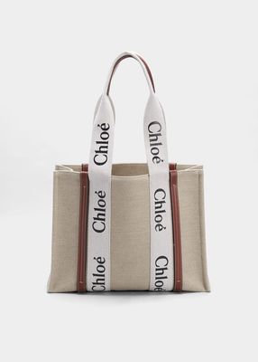 Woody Medium Linen Leather Tote Bag